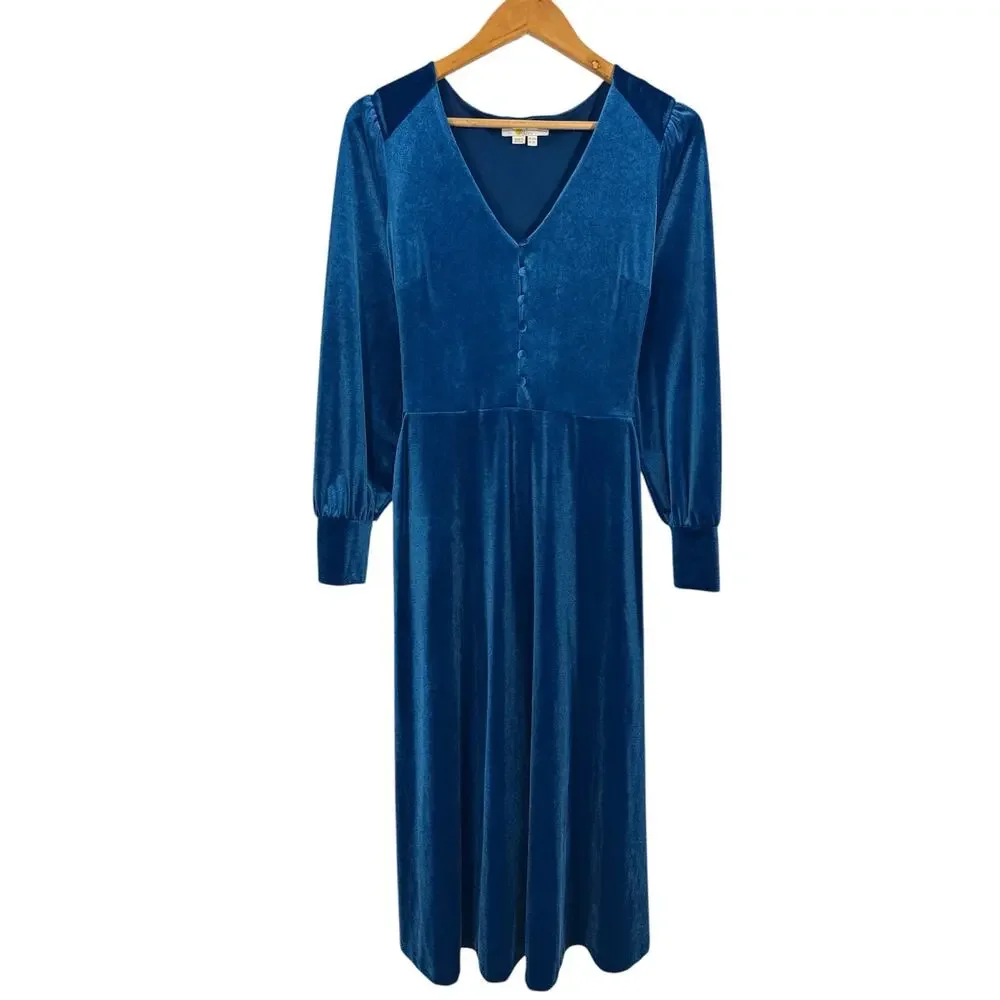 Boden Rita Velvet Maxi Dress Blue Depths A-Line Size 6R Elegant Stretch